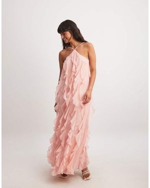 NA-KD Maxi Jurk Van Gestructureerde Chiffon Met Ruches - Roze