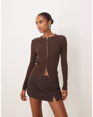Motel Liano Ribbed Long Sleeve Zip Up Cardigan - Brown