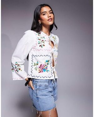 River Island Tie Front Embroidered Shirt - Blue