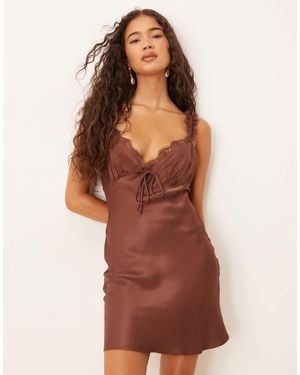 ASOS Frill Detail Cami Satin Slip Mini Dress - Brown