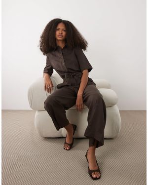 Mango Linen Mix Belted Short Sleeve Jumpsuit - Brown