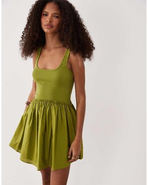 ASOS Scoop Ribbed Bodice With Poplin Skirt Mini Dress - Green