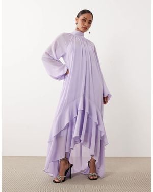 TFNC London Chiffon High Neck Long Sleeve Maxi Dress With Tiered Hem - Purple