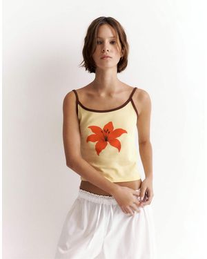 Pull&Bear Top côtelé à motif fleur avec bretelles - Blanc