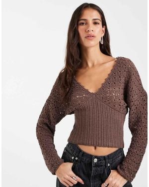 ASOS Knitted Plunge Cinch Long Sleeve Top - Brown
