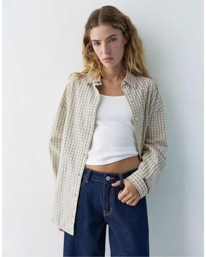 Pull&Bear Check Shirt With Embroidered Slogan - White