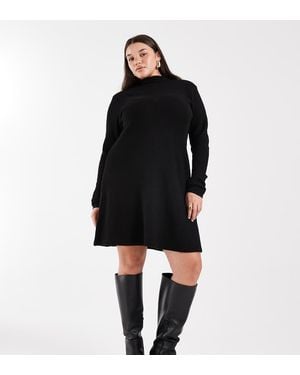 Pieces Plus Vestido Corto De Manga Larga De Punto De Pieces Curve - Negro