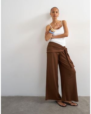 TOPSHOP Plisse Wrap Scarf Detail Pants - Brown