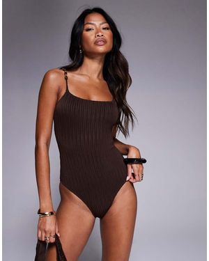South Beach Crinkle Swimswuit With Beaded Detail - Brown