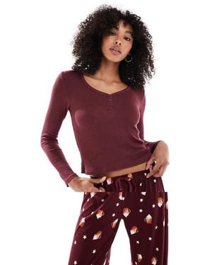 Loungeable Henley Top And Printed Trousers Pyjama Set - Red