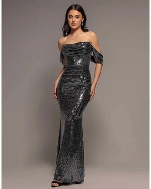 Goddiva Sequin Sparkling Off Shoulder Cowl Bardot Maxi Dress - Grey