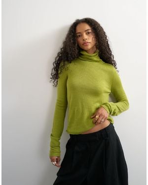 TOPSHOP Knitted Wool Blend Double Layer Sheer Turtleneck Top - Green