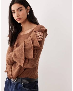 Glamorous Ruffle Thin Knit Top - Brown