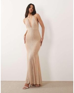 Oh Polly Premium Embellished Plunge Halter Neck Low Back Maxi Dress - Brown