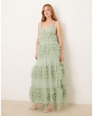 Y.A.S Robe longue en tulle à volants - sauge - Vert