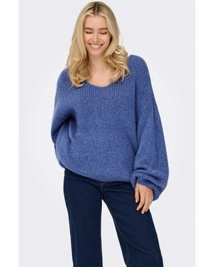 Jdy Gerippter strickpullover mit v-ausschnitt, überschnittenen schultern und - Blau