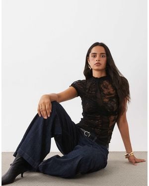 ASOS High Neck Sheer Lace Top With Mesh Panel - Blue