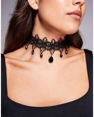 ASOS Choker With Lace Details Faux Stone Pendants - Black