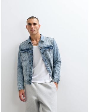 Courtside Distressed Denim Jacket With Rhinestone Embellishment - Blue