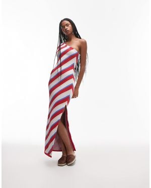 TOPSHOP Knitted Stripe One Shoulder Maxi Dress - White