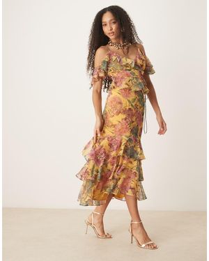 ANAYA Floral Print Ruffle Midi Skirt - Natural