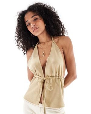 New Look Halter Drawstring Suedette Top - Natural