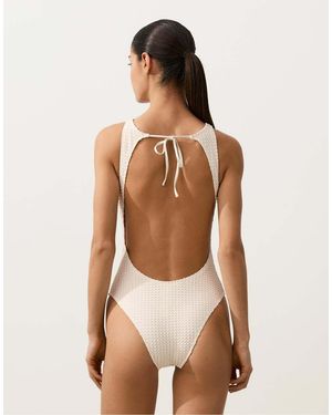 Oysho Bubble-Texture Crochet Halter Swimsuit - Natural
