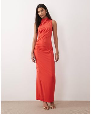 Vila High Neck Ruched Maxi Dress - Red