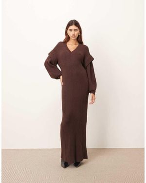ARRANGE Rib Knit V Neck Maxi Dress With Shoulder Detail - Brown
