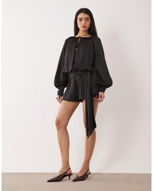 ASOS Satin Long Sleeve Playsuit With Tie Detail - Black