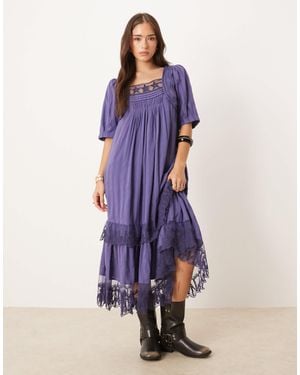 Free People Calder - robe mi-longue avec empiècement en dentelle à motif étoile - skipper - Bleu