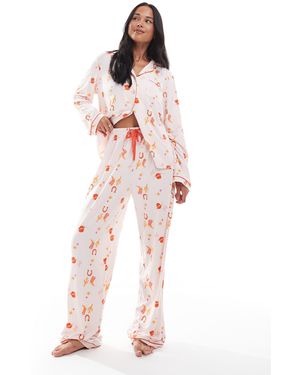 Loungeable Pyjama en jersey ultra doux avec haut à revers et pantalon large à liserés - imprimé cowboy cactus - Rose