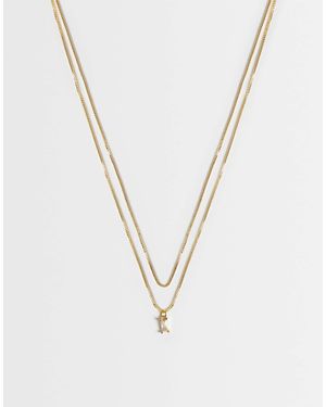 ASOS Collier multi-rangs en plaqué or 14 carats avec pendentif zircon cubique et pochette cadeau - Blanc