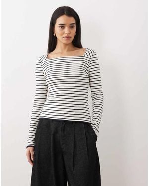 Mango 100% Cotton Long Sleeve Square Neck Top - White