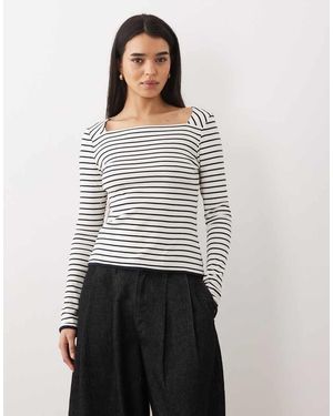 Mango Gestreepte Top Van 100% Katoen Met Lange Mouwen En Vierkante Hals - Wit