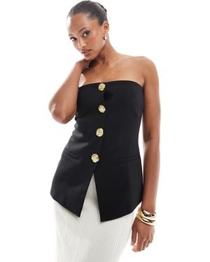 4th & Reckless Tailored Bandeau Split Front Gold Button Top - Blue