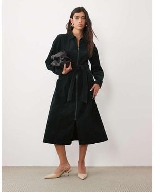 Nobody's Child Kai Cord Spread Collar Zip Down Belted Midi Dress - Black
