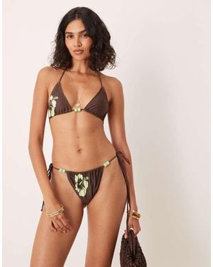 Motel Pami Hibiscus Print Triangle Bikini Top - Brown
