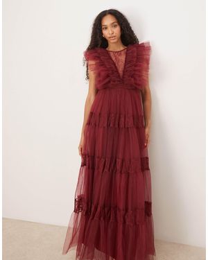 LACE & BEADS Sheer Lace Plunge Maxi Dress - Red
