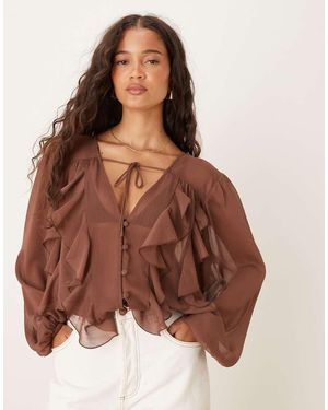 ASOS Chiffon Ruffle Sleeve Blouse - Brown