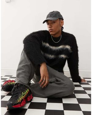 The Ragged Priest Brushed Faux Mohair Knitted Jumper With White Stripes - Black