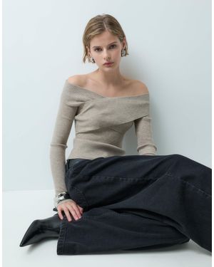 Miss Selfridge Top ajusté à manches longues en maille côtelée croisée chiné écru - Gris