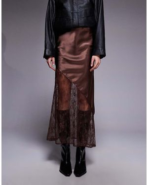 New Look Falda Midi Marrón Asimétrica De Satén Y Encaje De - Negro