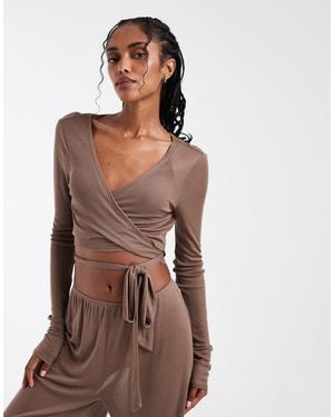 ASOS Lounge Semi Sheer Ballet Wrap Top - Brown
