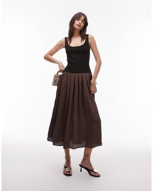 Mango Contrast Drop Waist Pleated Dress - Brown