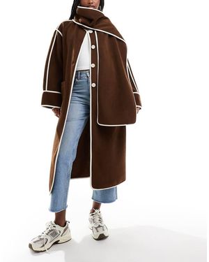 In The Style Contrast Trim Midi Coat With Detachable Scarf - Brown