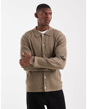 Jack & Jones Premium Ribbed Cardigan With Collar - Natural