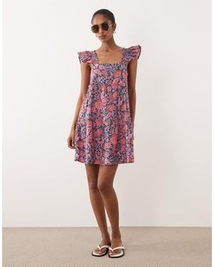 Accessorize Vestido Playero Corto Color Cerceta Con Estampado Floral Y Volantes En Los Tirantes De -Azul - Rojo