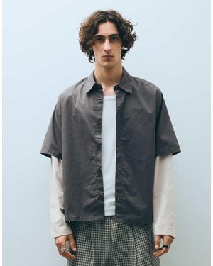 Bershka Camicia Stampata A Doppia Manica Scuro - Blu