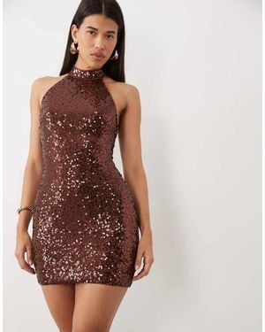 Ruched & Ready Mini Abito Con Paillettes, Collo Alto E Allacciatura Al Collo - Marrone
